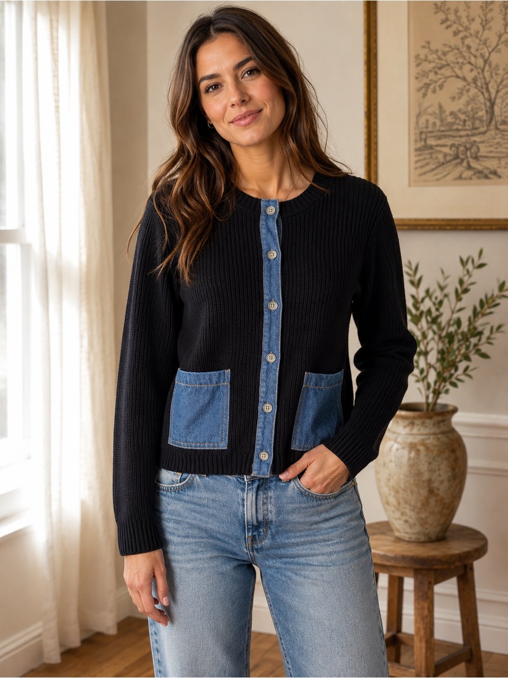 Society Black Cotton Cardigan with Denim Trim and Patch Pockets